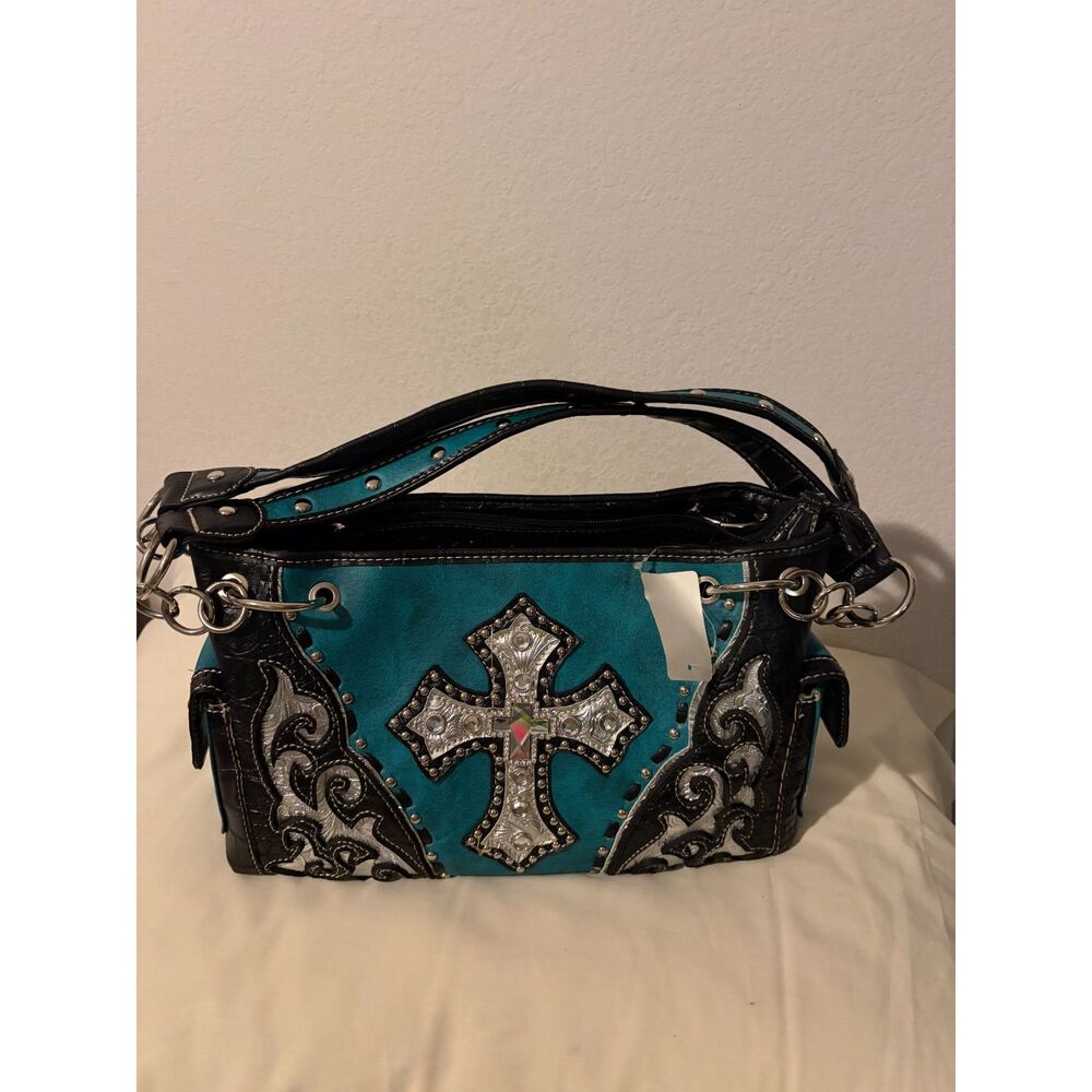 Turquoise & Black Rhinestone Cross Handbag – New